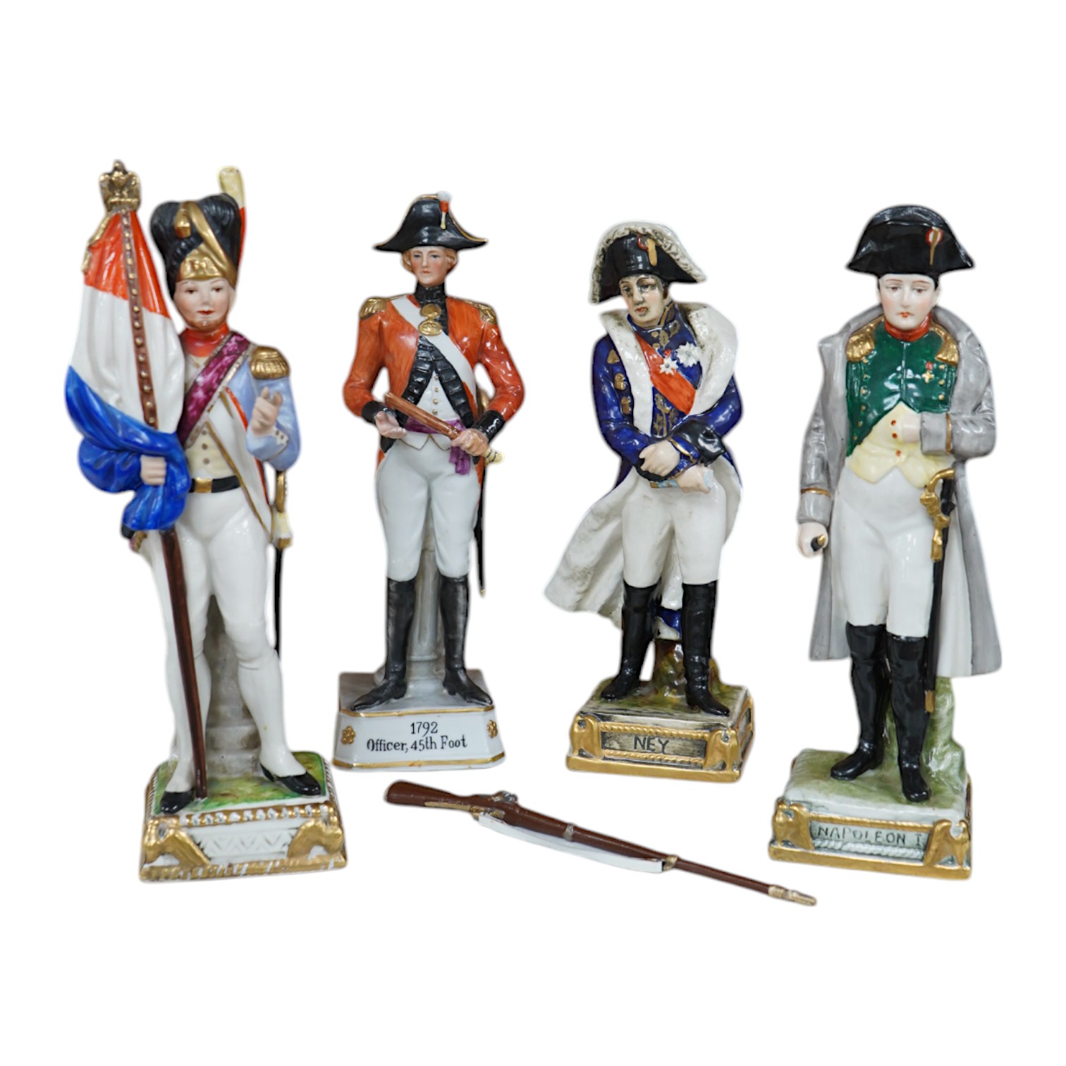 Four Continental porcelain figures wearing military dress including Napoleon and Officer, 45th Foot, largest 23cm high. Condition - good